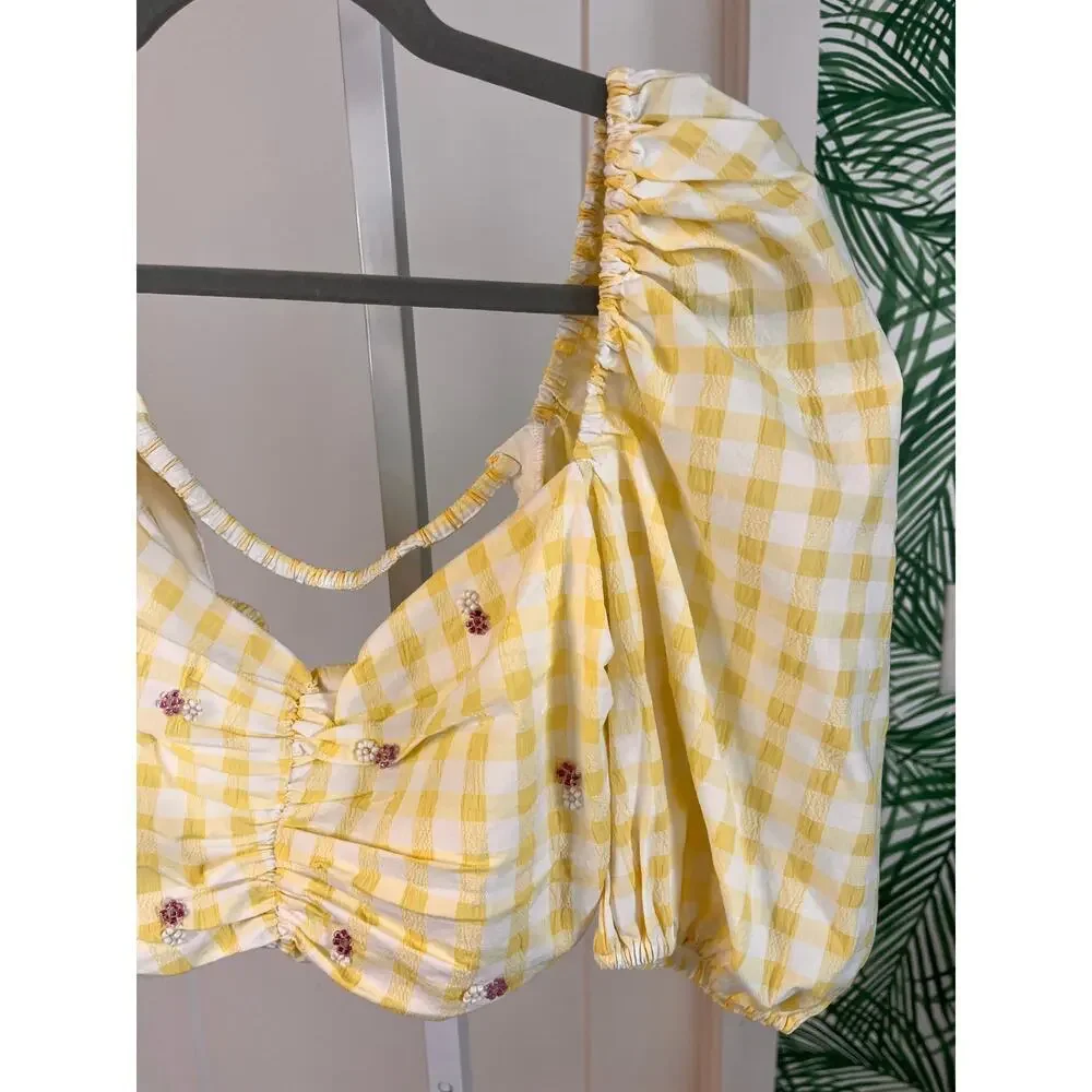 Zara Womens Yellow Gingham Puff Sleeve Cropped Blouse Large